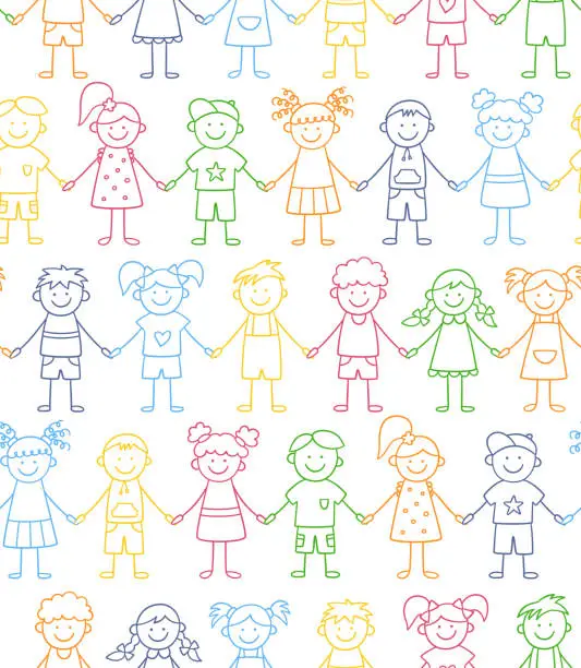 Vector illustration of Seamless pattern of funny kids holding hands. Friendship concept. Happy cute doodle children