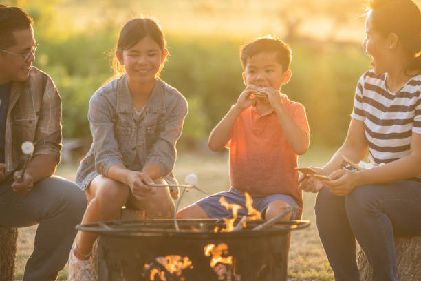 istock Young Asian family roasting marshmallows around a bonfire 1254686261
