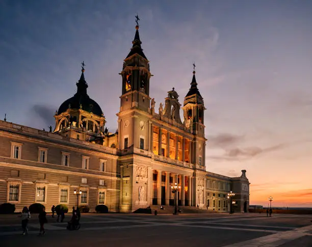 Famous Almudena Cathedral during sunset in Madrid, Community of Madrid, Spain