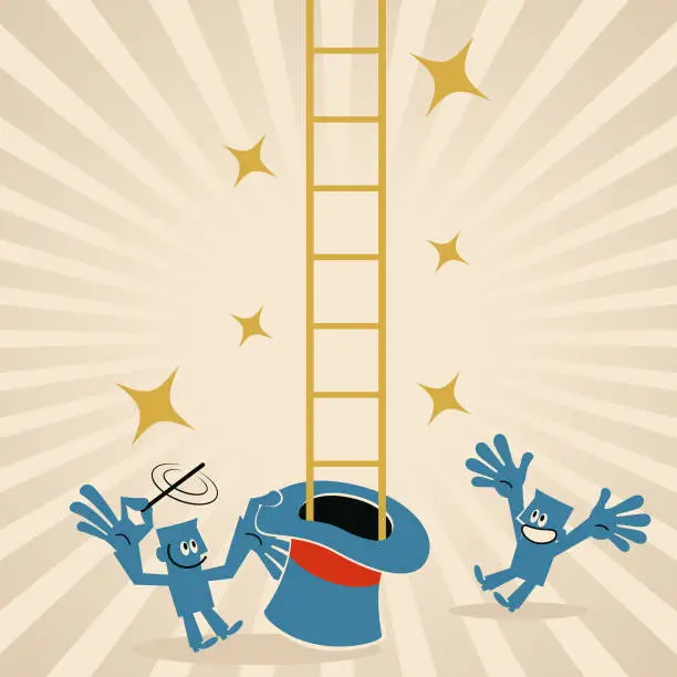 Vector illustration of Businessman waving the magic wand and then a Ladder of Success coming out of the magic hat
