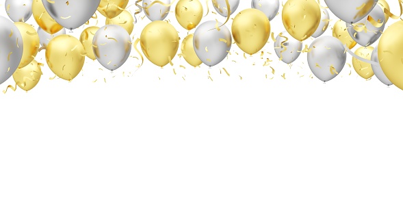 Silver and gold balloons isolated on white background. 3d illustration.