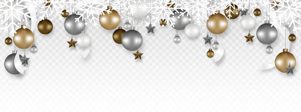 ilustrações de stock, clip art, desenhos animados e ícones de christmas decoration border with white snowflake, christmas ball, stars, and ribbon hanging on transparent background. vector illustration. - christmas christmas ornament blue decoration