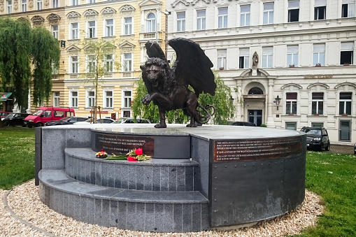 Prague, Czech Republic - May 25, 2015: Winged Lion in Prague. Monument to military pilots of Czechoslovakia who fought during the Second World War