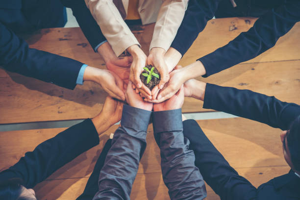 グリーンビジネスミーティング。ユナイテッド・パートナーズ・チームは、植物グリーンの信頼できる友人を抱きしめながら手を組んでいます。サステナビリティパートナーと手を積み重ね� - 企業の社会的責任 ストックフォトと画像