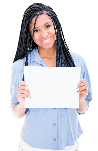 Black woman smiling at camera with a banner to edit
