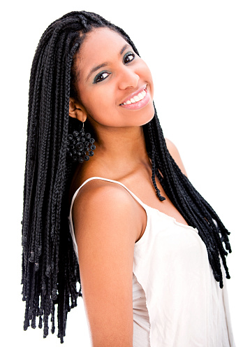 African american young black woman with dreadlocks smiling at camera cheerfully