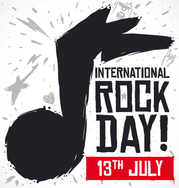 Music Note with Doodles and Reminder for International Rock Day Grunge music note with some doodles of guitar, lightnings, amplifier, and horns gesture in the background with reminder for International Rock Day this 13th July. horn sign stock illustrations