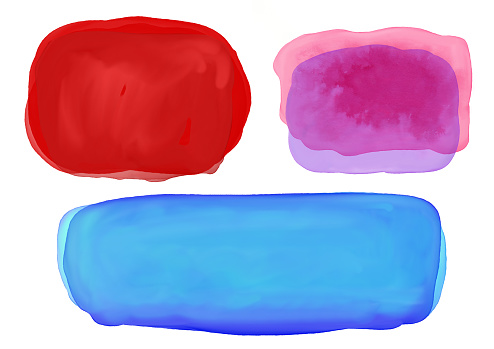 Watercolor blobs or blotches background, dark painted Christmas red blot and dark blue purple and pink blotch or color splash design elements