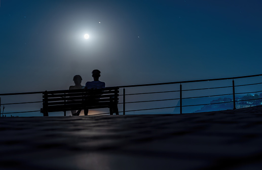 Silhouette of a loving couple on a bench on the background of the moon and lunar path on water surface