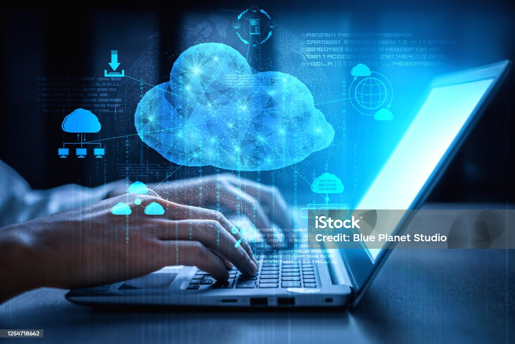 Cloud computing technology and online data storage for business network concept. Cloud computing technology and online data storage for business network concept. Computer connects to internet server service for cloud data transfer presented in 3D futuristic graphic interface. Cloud Computing Stock Photo