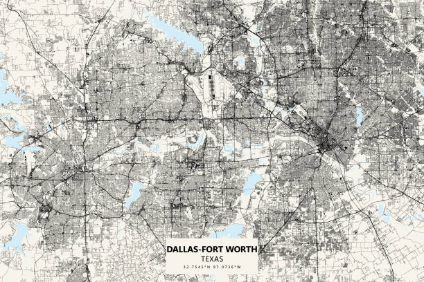 Dallas-Fort Worth Metroplex, Texas Vector Map Poster Style Topographic / Road map of the Dallas - Fort Worth Metropolitan Area, TX, USA. Original map data is open data via © OpenStreetMap contributors fort worth stock illustrations