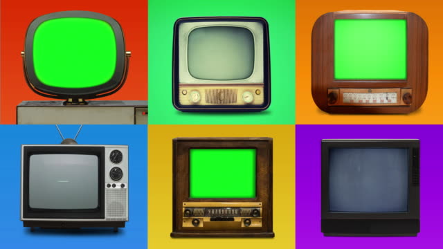 Grid lineup of 6 vintage TV’s with chroma key screens
