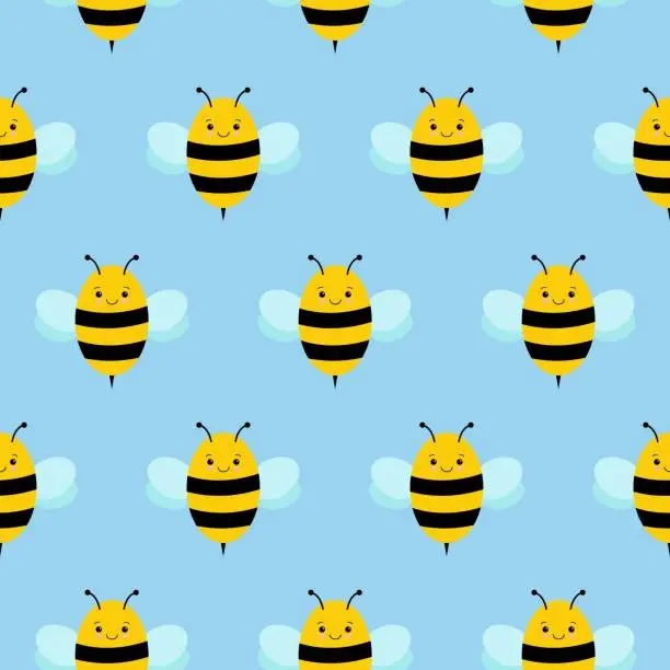 Vector illustration of Seamless Repeat Pattern with Cute Flying Bumble Bees Background
