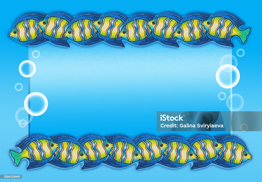 Frame Design Blue Fish Pattern Hand Drawn Light Acrylic Paint Blue Fishes On White Background Frame ...
