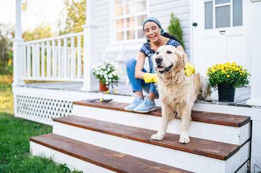 Мid adult woman sitting on stairs in front of her house and petting her golden retriever