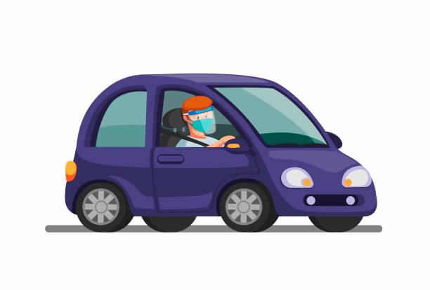 Man riding car wear mask and face shield. drive thru, and rapid test symbol in new normal activity. concept in cartoon illustration vector on white background Man riding car wear mask and face shield. drive thru, and rapid test symbol in new normal activity. concept in cartoon illustration vector on white background car rental covid stock illustrations