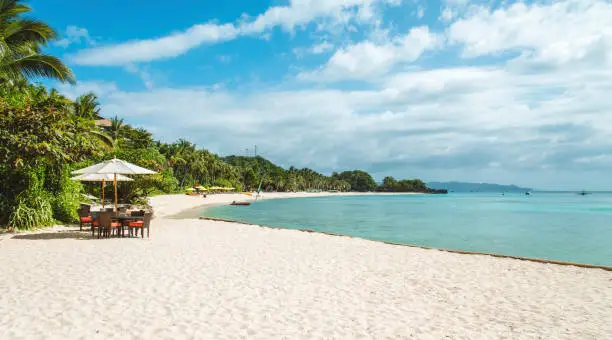 Tropical rainforest and white sand paradise beach in Boracay, Philippines.