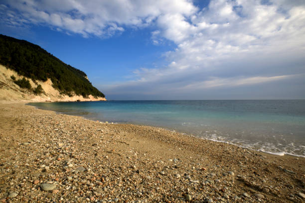 Sirolo (AN), Italy - January 1, 2019: Sassi Neri beach, Riviera del Conero, Adriatic Sea, Sirolo, Ancona, Marche, Italy