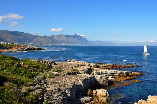 Beautiful seascape in Hermanus Landscape of Atlantic Ocean coastline, waves crashing on the shore on a sunny day in South Africa hermanus stock pictures, royalty-free photos & images