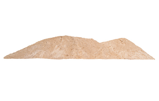 Heap building sand material. Heap of sand isolated on white background with clipping path. The rough texture of construction sand. Building material background