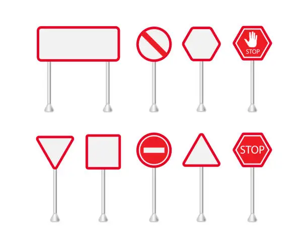 Vector illustration of Set of road signs in a flat style. Traffic signs on metal racks