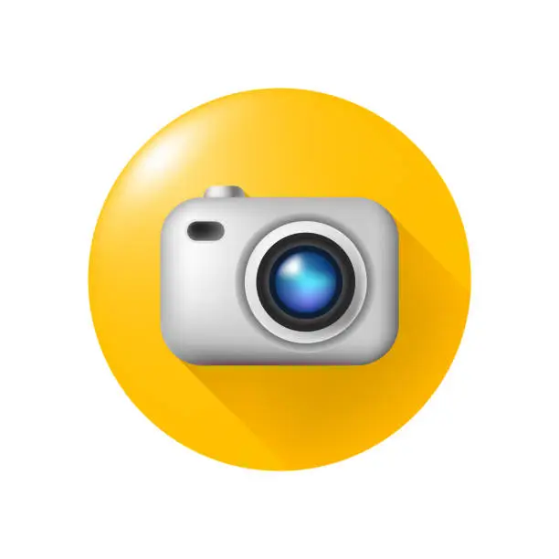 Vector illustration of Realistic Camera Emoticon on Yellow Button on White Background . Isolated Vector Illustration