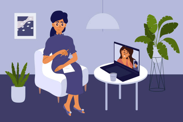 ilustrações de stock, clip art, desenhos animados e ícones de psychotherapy online session or video call with female psychologist on laptop - dependency assistance help advice