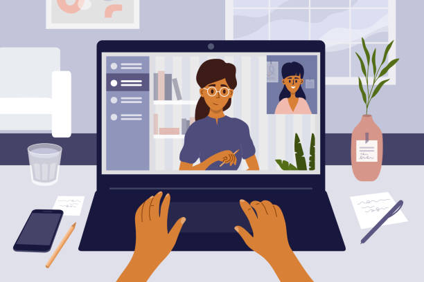 онлайн-занятость и собеседование по видеосвязи с помощью ноутбука - home screen illustrations stock illustrations