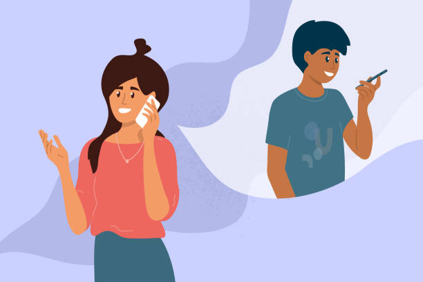 Young man and woman calling and talking by smartphone Friends make cell phone call. Young woman talking with man by smartphone. Conversation between girl and guy. People communication. Dialogue by mobile phone. Technology, distance vector illustration distant love stock illustrations