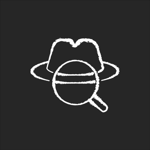 Detective chalk white icon on black background. Traditional movie genre, classic noir film. Murder mystery, crime investigation. Felt hat and magnifying glass isolated vector chalkboard illustration Detective chalk white icon on black background. Traditional movie genre, classic noir film. Murder mystery, crime investigation. Felt hat and magnifying glass isolated vector chalkboard illustration thriller film genre stock illustrations