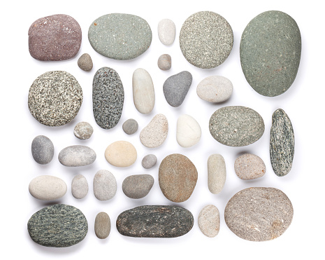 Set of various sea stones. Isolated on white background. Top view flat lay