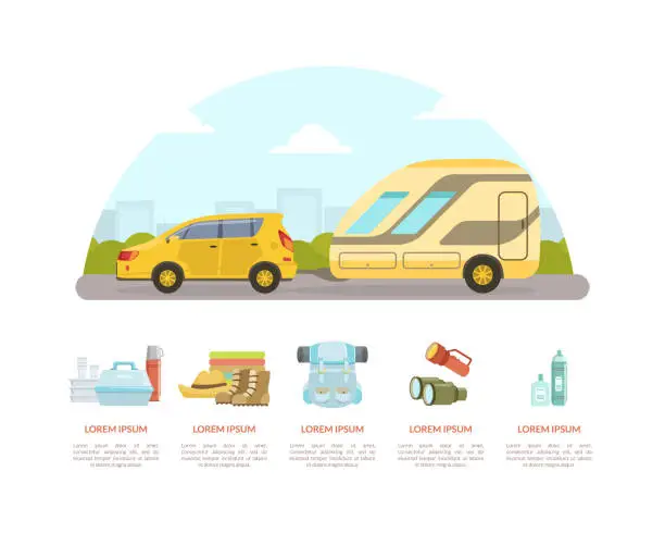 Vector illustration of Camping Van for Travelling and Relocation Web Page and Banner Vector Template