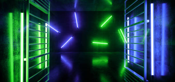 istock Neon Laser Stage Construction Fluorescent Blue Green Pipes Dance Garage Floor Showcase Retro Synth background Concrete Floor Grunge Night Show Event 3D Rendering 1254744694