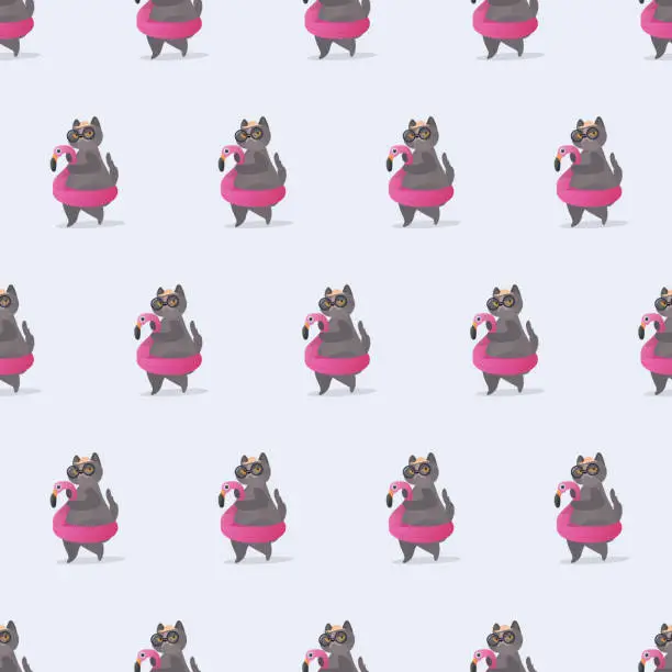 Vector illustration of Seamless pattern Funny cat with a pink rubber ring. Cat in glasses and a hat. Good for backgrounds, cards and prints on a summer theme.