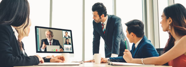istock Video call group business people meeting on virtual workplace or remote office 1254747444