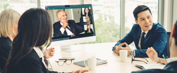 istock Video call group business people meeting on virtual workplace or remote office 1254748852