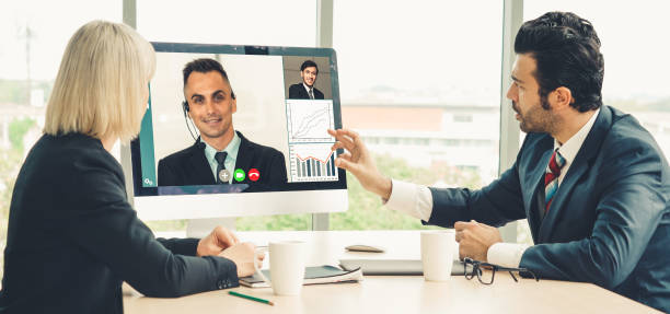 istock Video call group business people meeting on virtual workplace or remote office 1254748965
