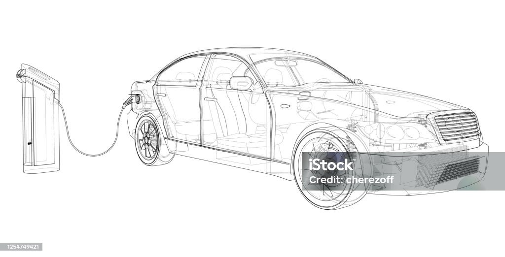 Electric Vehicle Charging Station Sketch. Vector Electric Vehicle Charging Station Sketch. Vector rendering of 3d. Wire-frame style. The layers of visible and invisible lines are separated Car stock vector