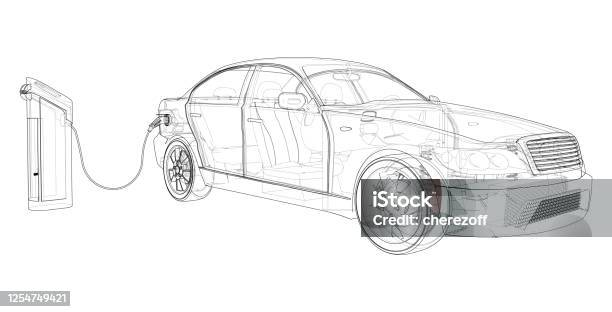 Electric Vehicle Charging Station Sketch Vector Stock Illustration - Download Image Now - Car, Blueprint, Electric Car