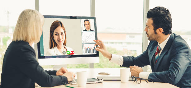 istock Video call group business people meeting on virtual workplace or remote office 1254749550
