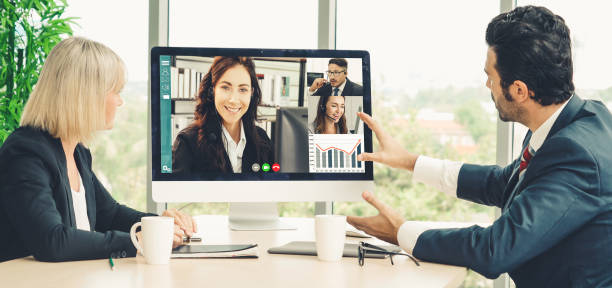 istock Video call group business people meeting on virtual workplace or remote office 1254750500