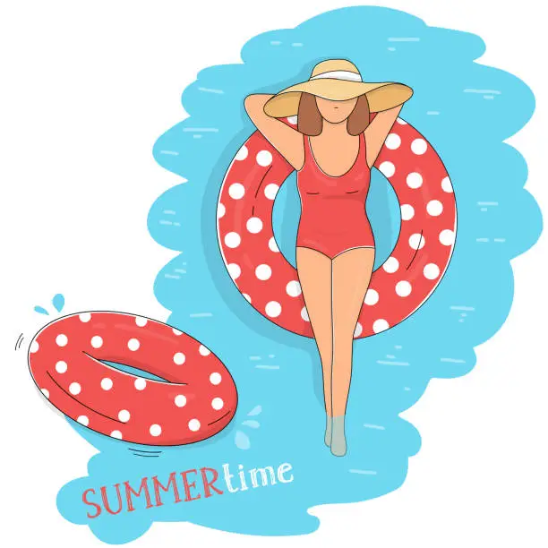 Vector illustration of Woman on a lifebuoy in the pool top view.