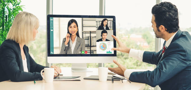 istock Video call group business people meeting on virtual workplace or remote office 1254750835