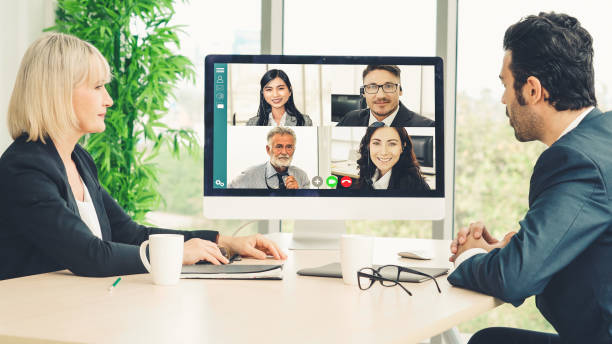 istock Video call group business people meeting on virtual workplace or remote office 1254751224