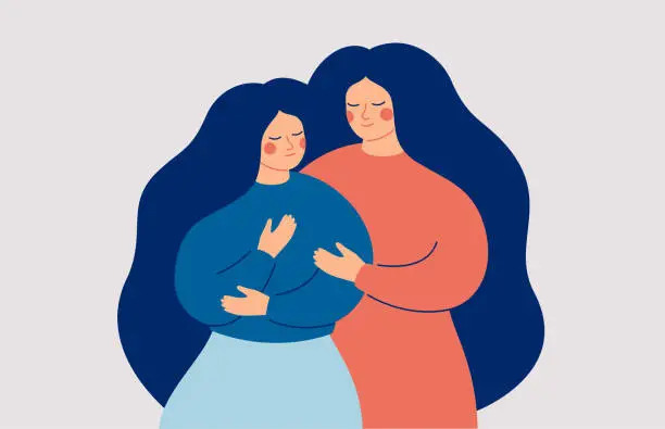 Vector illustration of The mother supports her daughter in a difficult situation. Friends and Family Support.