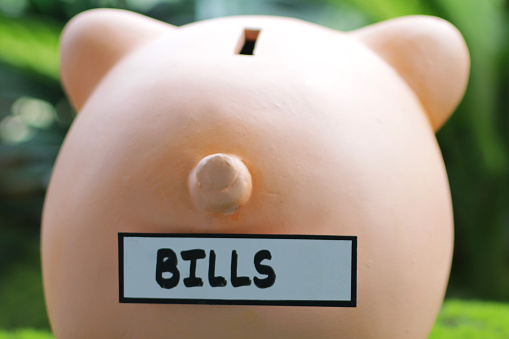 Stock photo showing a ceramic pig labelled with the word 'bills'. This is a concept picture designed to suggest savings, mortgages, loans, home finances, wealth and the general cost of living.