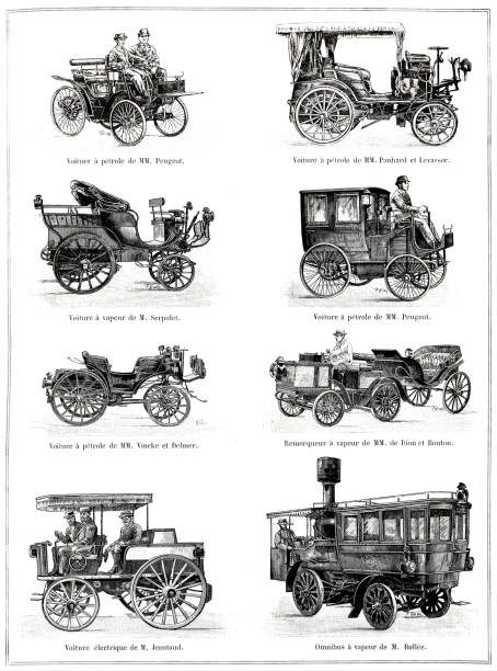 ilustraciones, imágenes clip art, dibujos animados e iconos de stock de coches sin caballos en la exposición champ de mars - coach bus illustrations