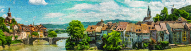 A panorama digital oil painting of the historic picturesque border town of Laufenburg in Switzerland