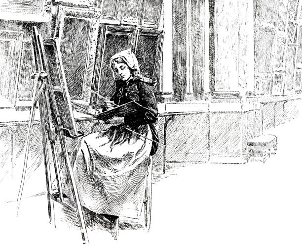 illustrations, cliparts, dessins animés et icônes de une jeune femme peignant au chevalet, intérieur - women white caucasian image created 19th century