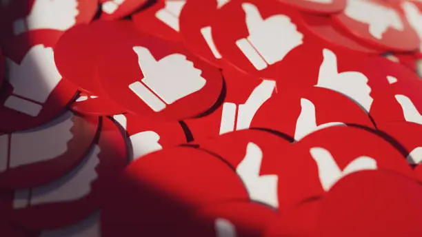 A Lot Of Red-White Thumbs Up Icon, Social Media Sign in Close-Up Shot,  3d Rendering